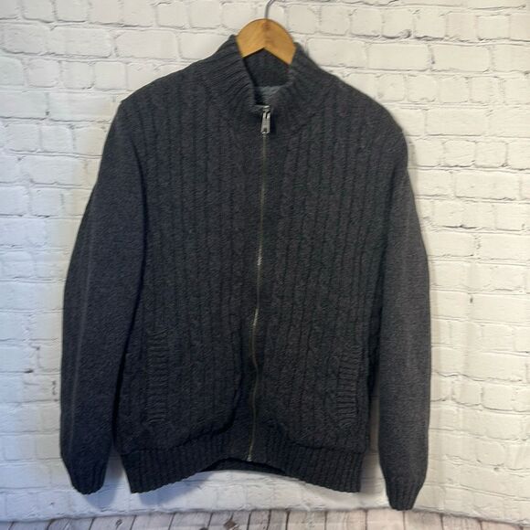 Boston Traders Sweater Mens Medium Full Zip Cable Knit Sherpa Lined Gray Jacket - Picture 1 of 7